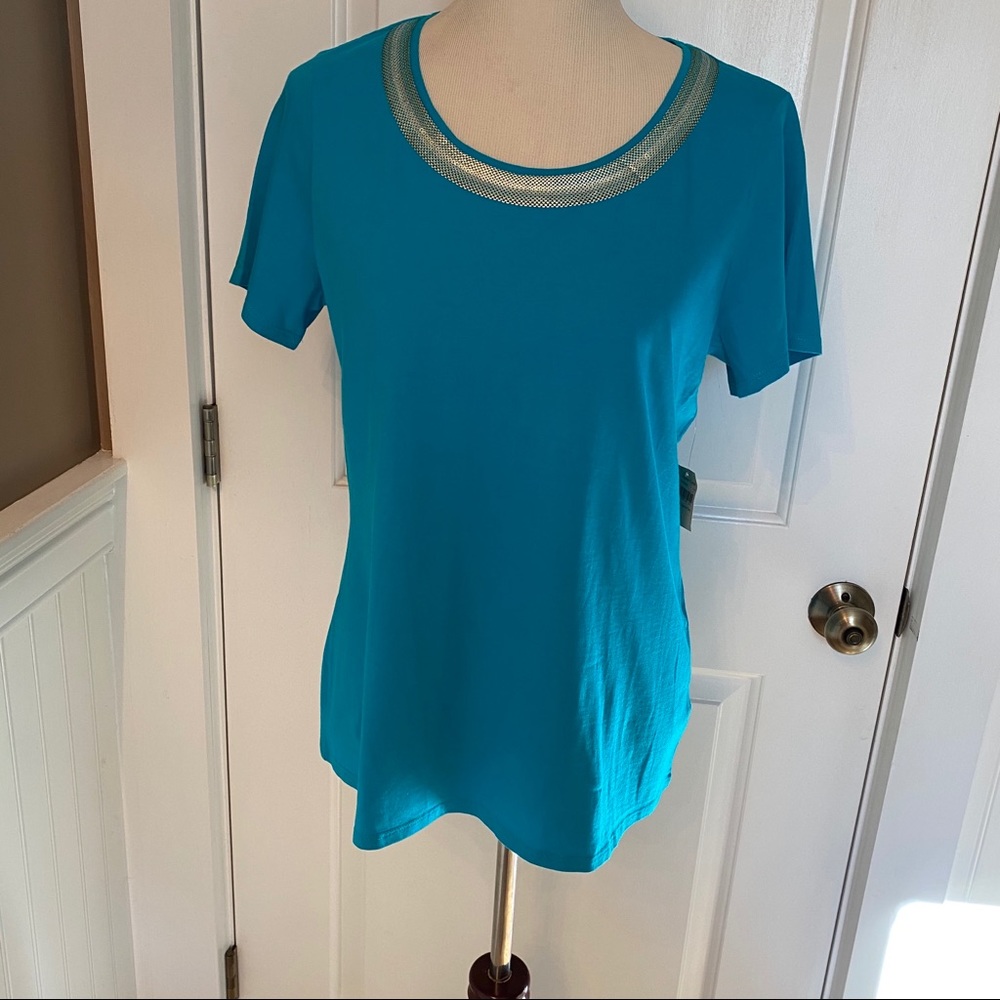 NEW COLDWATER CREEK TOP TEE BLUE SHORT SLEEVE SEQUIN SCOOP NECK Size M NWT